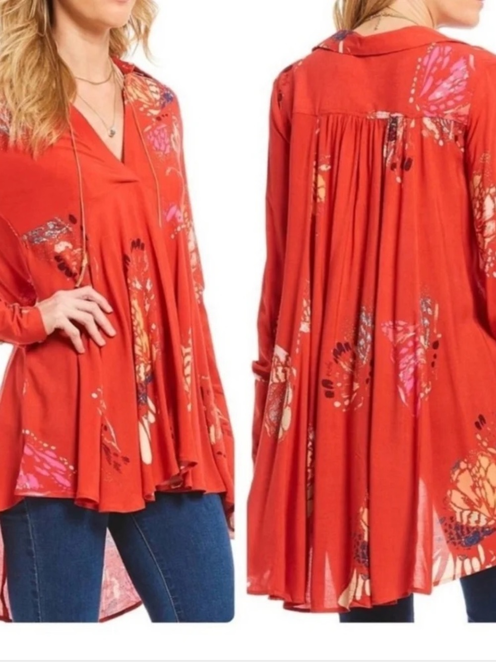 Women’s Free People Red Butterfly Print Flowing Tunic Top S/P